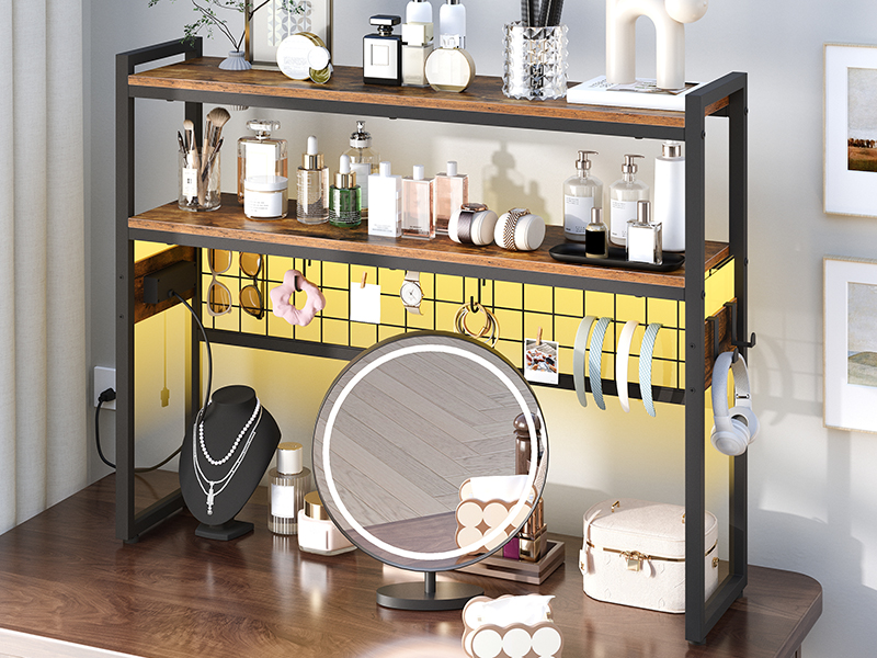 Desktop Bookcase, 2-Tier Desktop Organizer, Wooden Office Storage Rack with Power Outlets, Display Shelf with LED Light Strip, Desk Hutch for Office Use, Rustic Brown