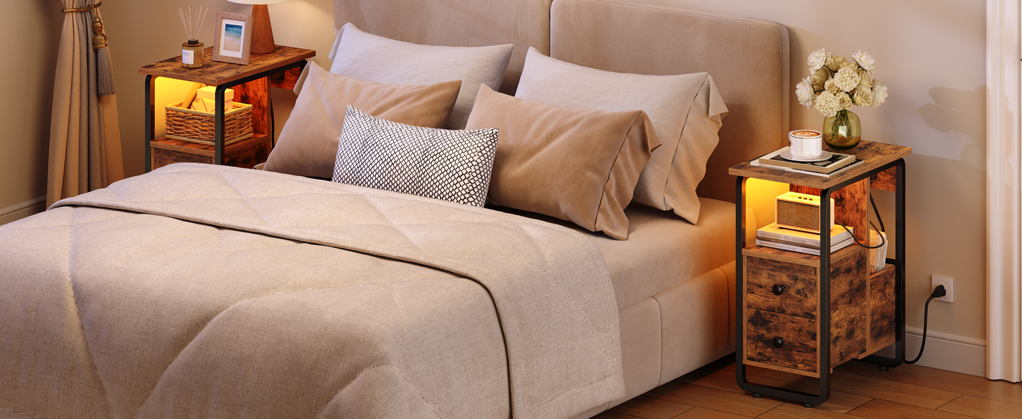 Rustic Brown & Black Narrow End Table with Charging Station and LED Lights, Slim Nightstand with 2 Fabric Drawers and Open Shelves, Suitable for Living Room and Bedroom