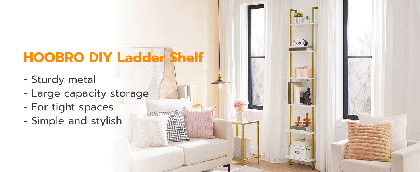 6-Επιτοίχιο ράφι σκάλας Tier DIY, Στενός Χρυσός & Μαρμάρινη Ξύλινη Βιβλιοθήκη, Πολυλειτουργικό ράφι αποθήκευσης οθόνης & Βάση φυτών για σαλόνι, Υπνοδωμάτιο, Μελέτη & Μπαλκόνι