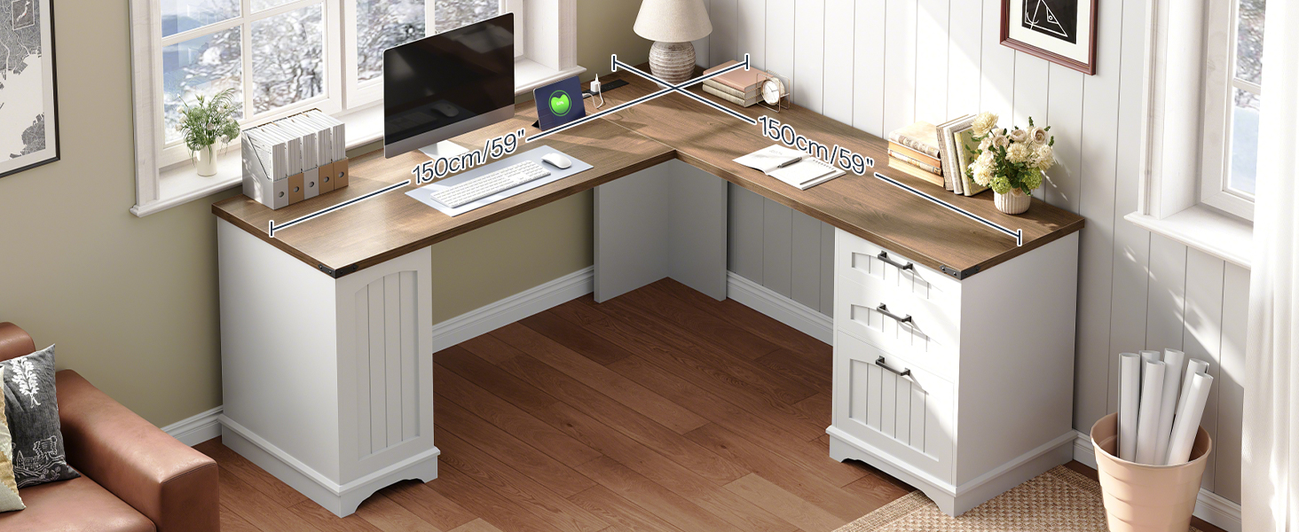 L-Shaped Corner Computer Desk with Integrated Charging Station, White & Walnut Wooden Home Office Desk with File Drawers and Adjustable Open Shelves