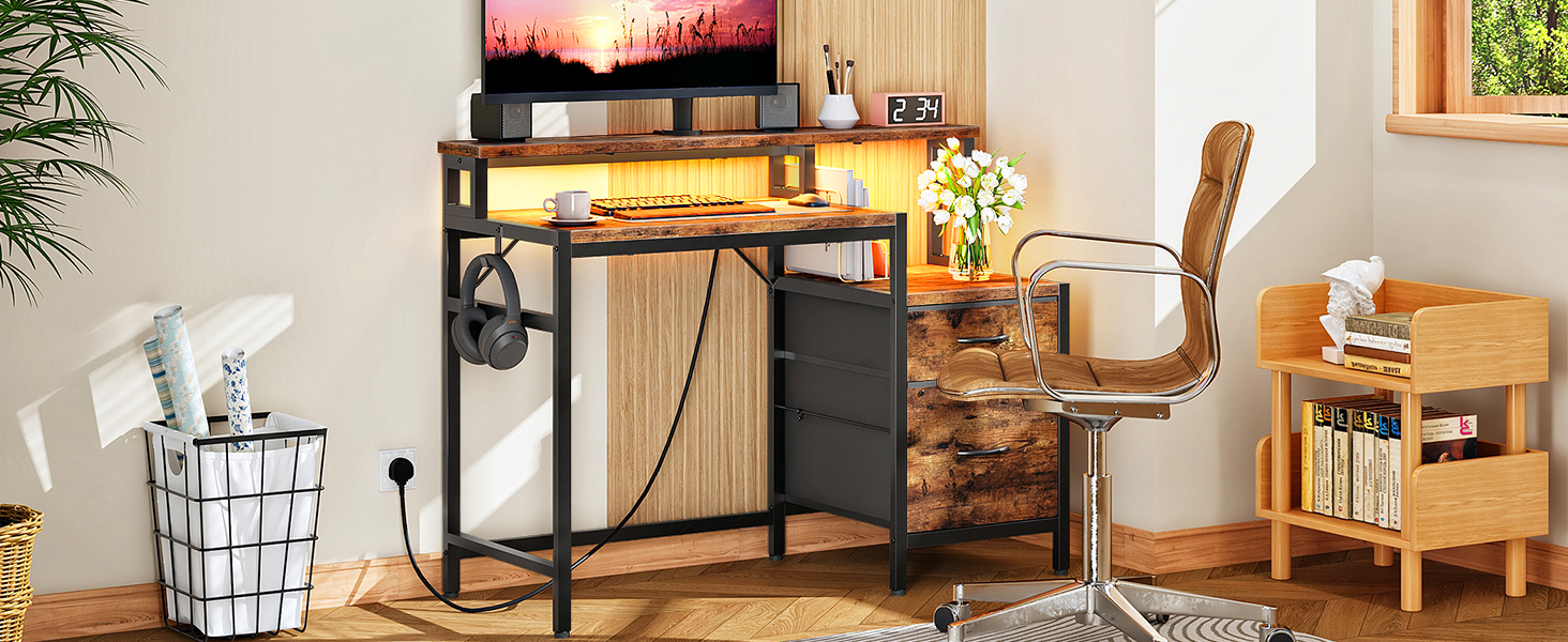 120cm Industrial Rustic Brown & Black Computer Desk with Fabric Drawers, Integrated Power Outlet & LED Lighting, Ergonomic Office Desk with Monitor Stand for Home Office, Study & Living Room