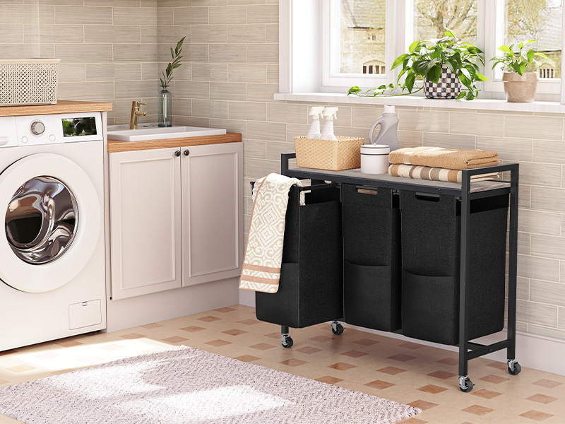 3-قسم فارز الغسيل مع العجلات, Removable Oxford Fabric Laundry Hamper, جريج وأسود, تصميم قابل للسحب