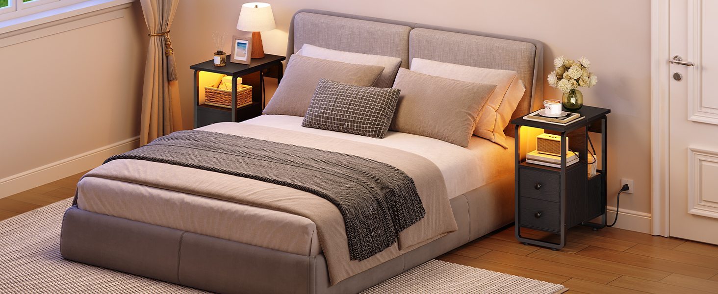 Narrow End Table with Charging Station and LED Lights, Black Slim Nightstand with 2 Fabric Drawers and Open Shelves, Suitable for Living Room and Bedroom