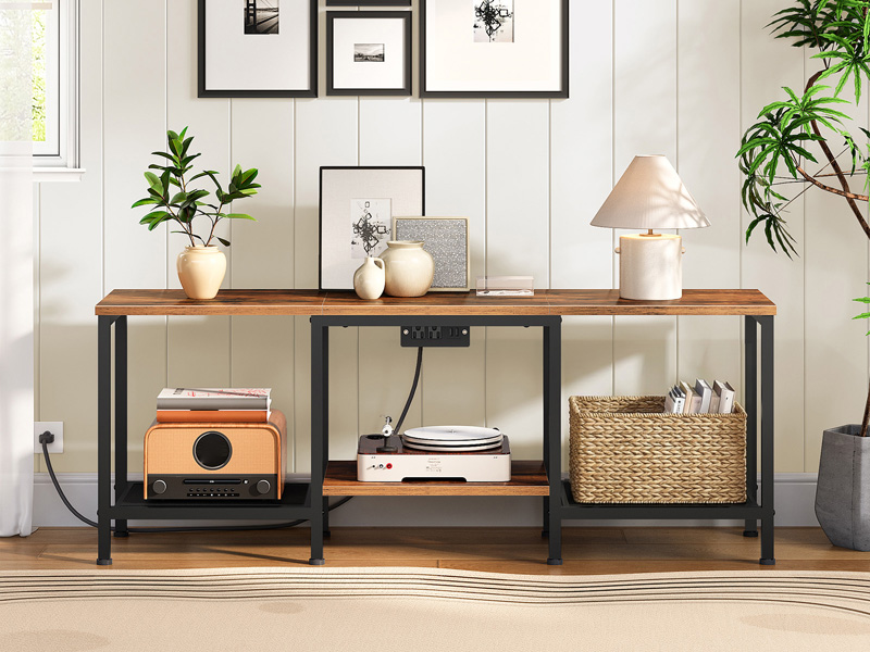 55-Inch Compatible TV Stand with Charging Station, Rustic Brown & Black LED Entertainment Center, Industrial Media Console Table with Open Storage Shelves for Living Room & Bedroom