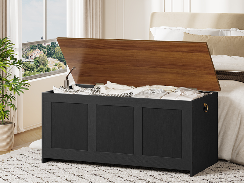 Banc de rangement HOOBRO, 43.3" Coffre de rangement en bois rétro, Tronc de rangement en bois, Coffre jouet avec dessus de levage, Organisateur d'entrée multifonctionnel, pour l