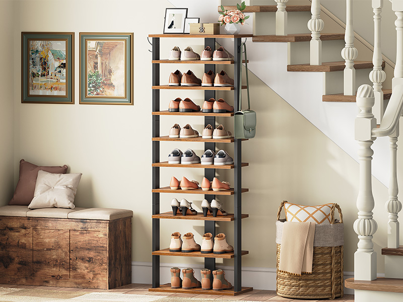 10-Tier Vertical Wooden Shoe Rack with Hooks, Rustic Brown 20-Pair Narrow Storage Tower, Space-Saving Organizer for Entryway, Living Room & Bedroom