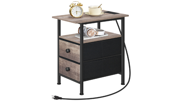 Narrow Side Table with Charging Station, Multifunctional Grey & Black Nightstand with 2 Non-Woven Drawers and Open Shelves, Slim Design for Small Spaces, Living Room & Bedroom