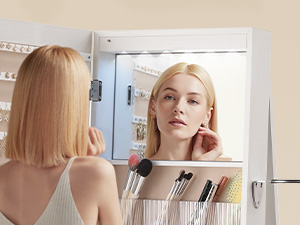 360° Swivel Jewelry Cabinet with LED Lights, Standing Jewelry Armoire with 2 Drawers, Full-Length Mirrored Jewelry Organizer, Lockable Jewelry Cabinet, Makeup Brush Boxes, White