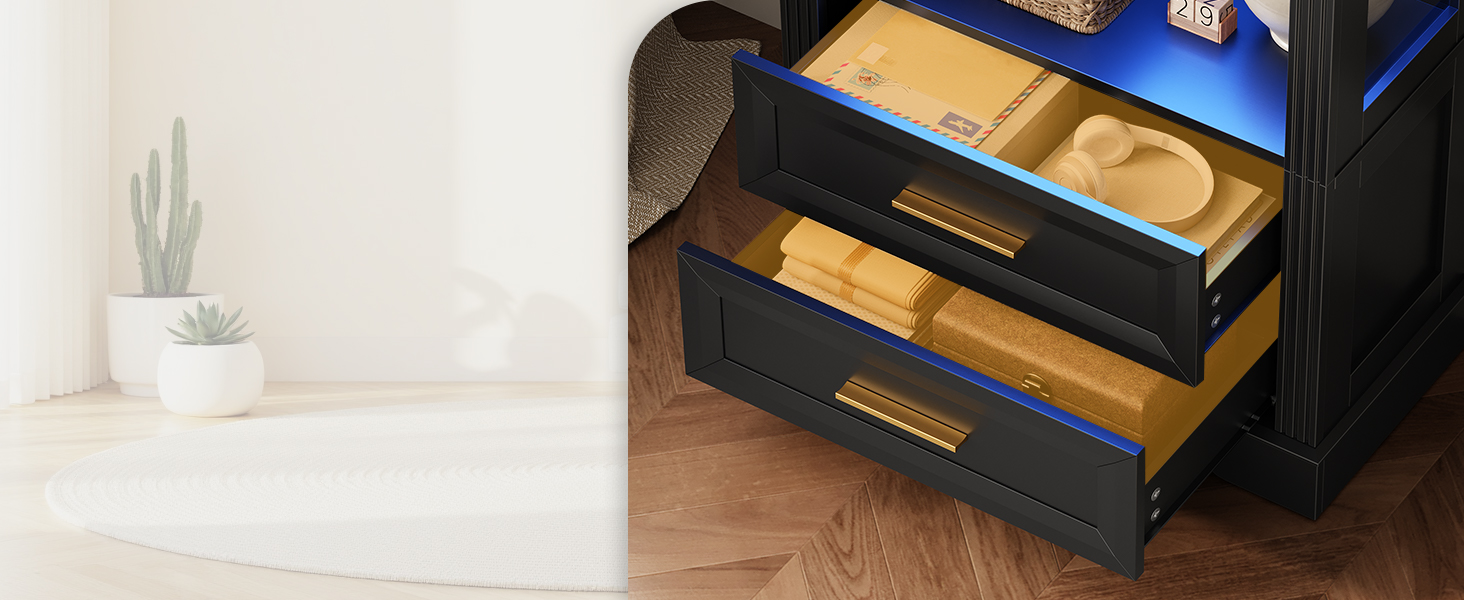 66.9-Inch Tall Arched Bookcase, Wooden Display Cabinet Integrated with LED Lighting, Farmhouse-Style Storage Shelf with 2 Drawers, Open Shelving for Living Room, Office & Bedroom, Black Finish