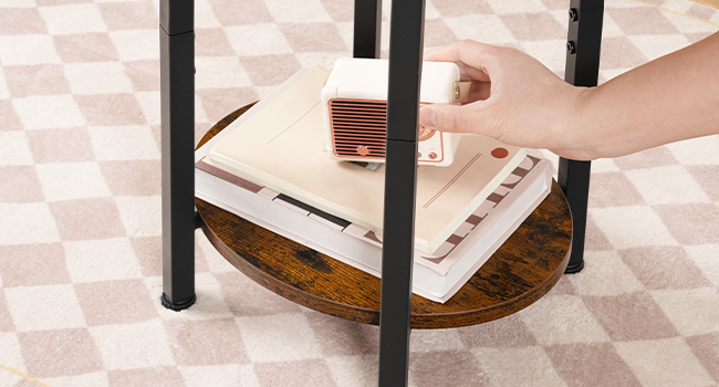 3-Table d'appoint étroite ovale avec rangement Tier, Chevet mince & Table de canapé d'angle, Convient aux petits espaces, Brun rustique & Noir