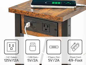 HOOBRO Narrow Side Table, 2-Tier Slim End Table with Charging Station, Skinny Nightstand with Open Storage, for Small Spaces, Living Room, Bedroom, Study, Rustic Brown and Black