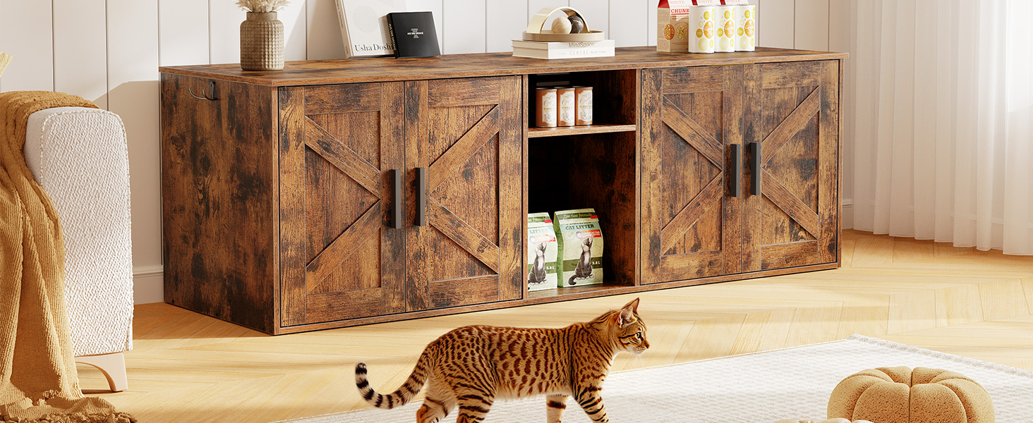 Dubbele kattenbakbehuizing, Verborgen kattenbakkast met gang, Multifunctioneel kattenbakmeubel met opberglaag en haken, Houten structuur, Rustiek bruin