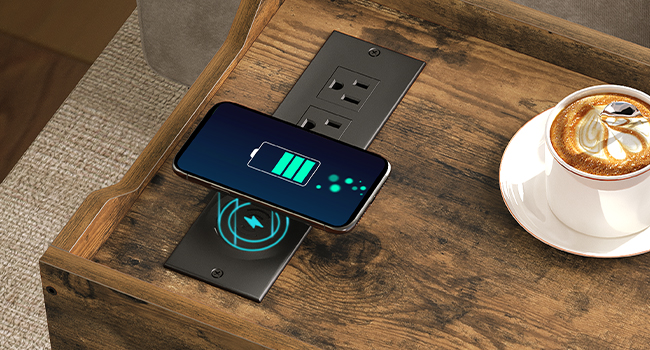 Tábla cúng le stáisiún muirir gan sreang, Tábla deiridh le tarraiceán fabraice neamhfhite, Seastán oíche le USB agus asraonta, don seomra suí, seomra codlata, donn tuaithe