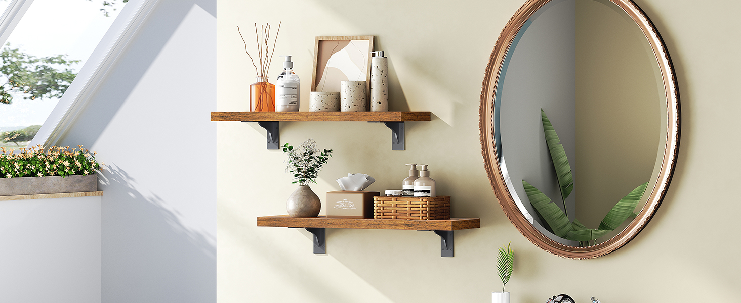 Wall-Mounted Floating Shelves (Set of 2), Wooden Storage Shelves with Metal Brackets, Suitable for Living Room, Bedroom, Bathroom, Rustic Brown and Black