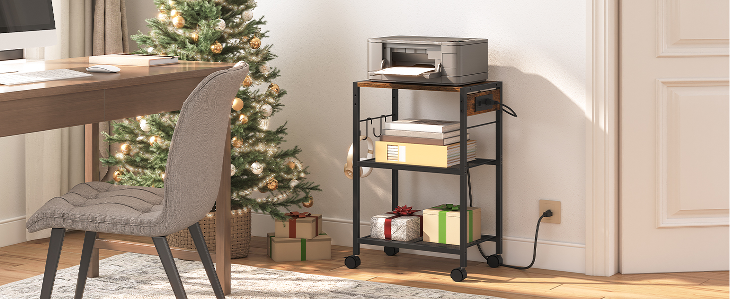 Stojan na průmyslovou tiskárnu HOOBRO, 3-Tabulka mobilní tiskárny úrovně, Rolling Cart s vývody napájení a porty USB, Domácí tiskárna 2 Háčky, pro kancelář, Obývací pokoj, Rustikální hnědá