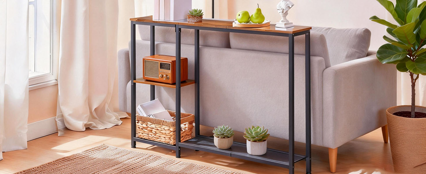 Rustic Brown & Black Narrow Console Table, Skinny Entryway Sofa Table with Storage Shelves, Suitable for Living Room, Foyer and Hallway