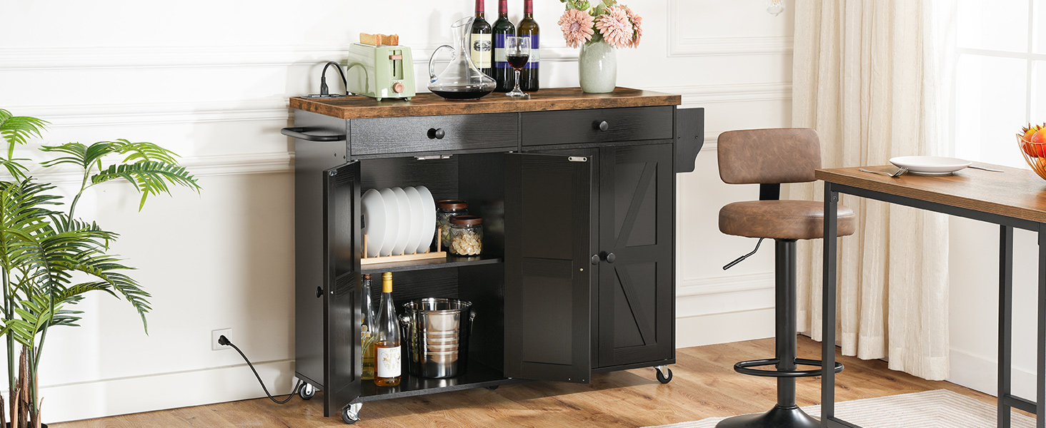 Kitchen Island with Power Outlet, 110cm Rolling Island with Storage, Kitchen Cart with Spice Rack and Hooks, for Living Room, Rustic Brown and Black