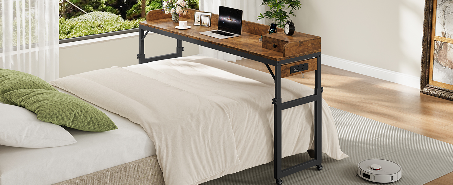 Rustic Brown & Black Mobile Overbed Table with Lockable Wheels, 180cm Height-Adjustable Over Bed Desk Equipped with Charging Station, Suitable for Bedroom, Living Room and Office
