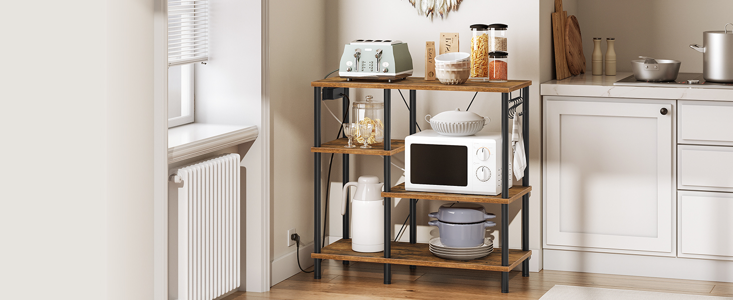 Plug-in Kitchen Shelf, Microwave Storage Unit with 5 S-Hooks, Rustic Brown & Black Multifunctional Coffee Bar Organizer for Kitchen and Living Room