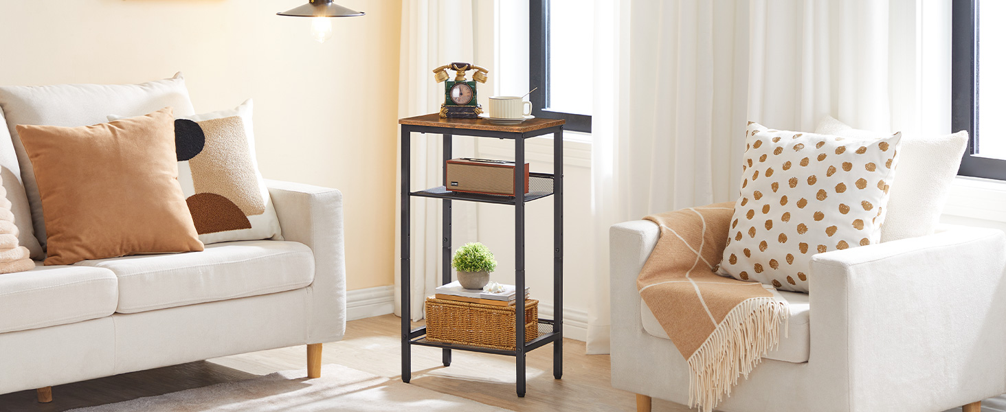 mesa lateral, 3-Tabela de lâmpada final de camada com prateleiras de malha ajustáveis, Para corredor de escritório ou sala de estar, Móveis de sotaque de aparência moderna, alto e estreito, marrom rústico e preto