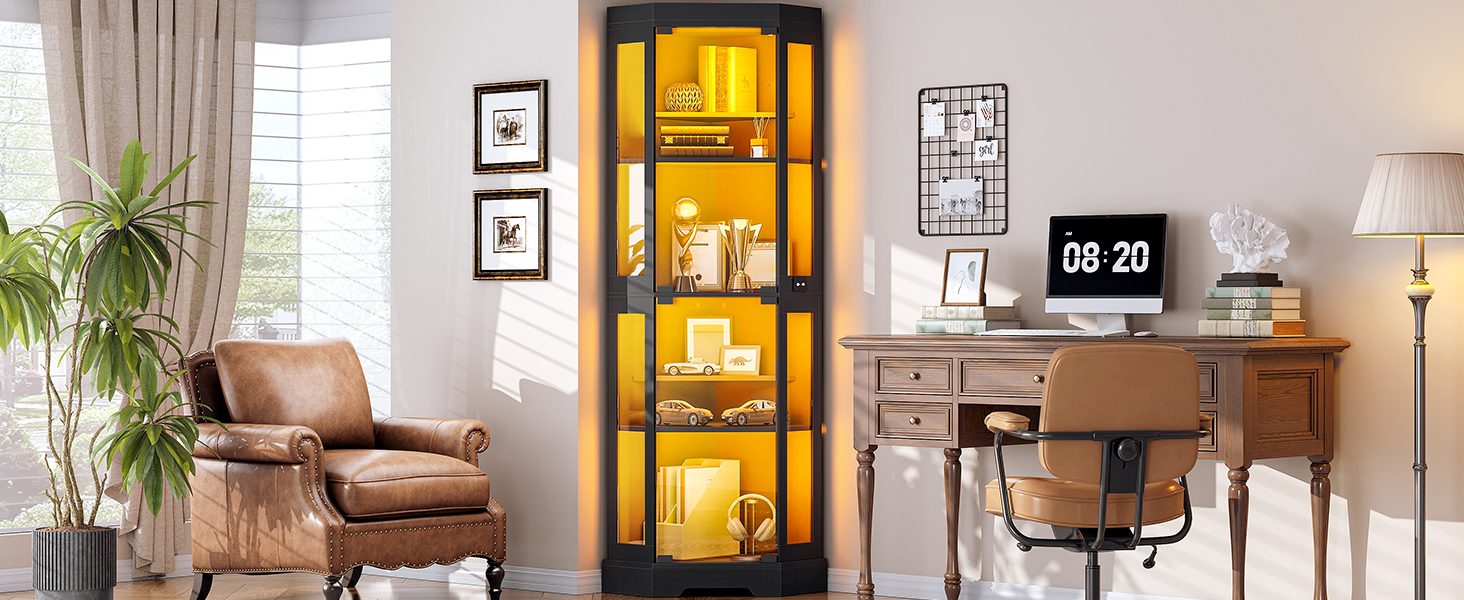 Corner Display Cabinet with Glass Doors, 3-Color LED Light Storage Cabinet with Adjustable Shelves, Multi-Functional Bookcase for Living Room, Hallway, Bedroom, Black