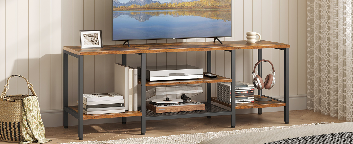 TV Cabinet with 3-Tier Open Compartments, Retro-Braun & Black Multifunctional TV Stand Suitable for TVs Up to 65 Zoll, Industrial-Style Storage Lowboard for Living Room