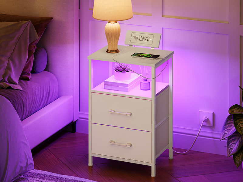 White Bedside Nightstand with Charging Station, LED Illuminated End Table with 2 Fabric Drawers, Equipped with 2 AC Outlets and USB Port, Compact Storage Night Stand for Bedroom