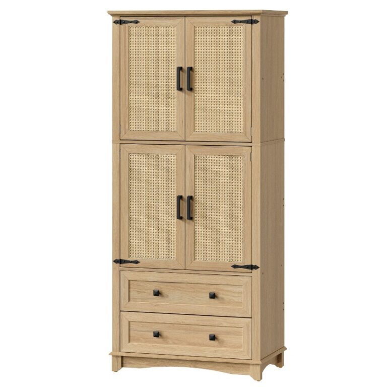 69.3" Grand garde-manger, Armoire de rangement de cuisine avec portes en rotin et 2 Tiroirs, Armoire de garde-manger, Armoire debout pour la cuisine, Salle à manger, Salon, Naturel