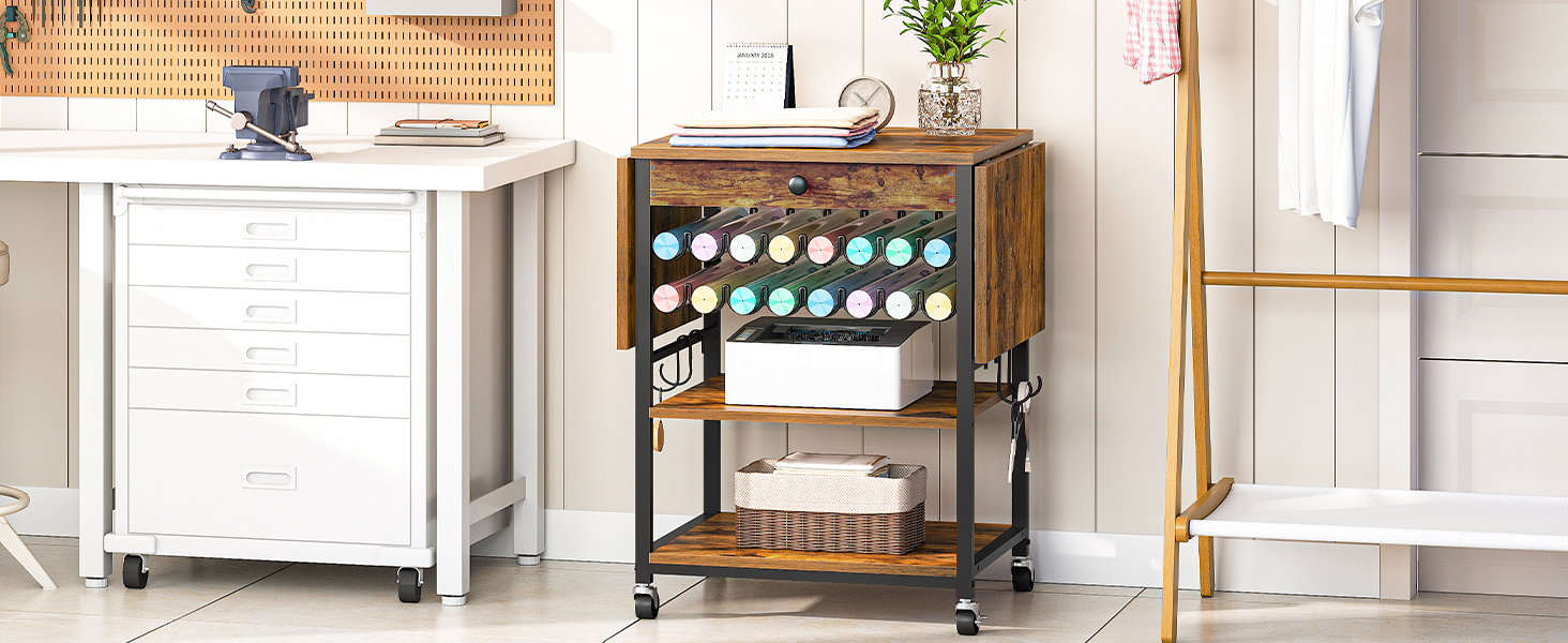 HOOBRO 3 Tier Movable Heat Press Table, Foldable Heat Transfer Stand with Vinyl Roll Holder and Drawer, Heavy Duty Rolling Craft Table, Mobile Workbench Cart for DIY Sublimation, Rustic Brown