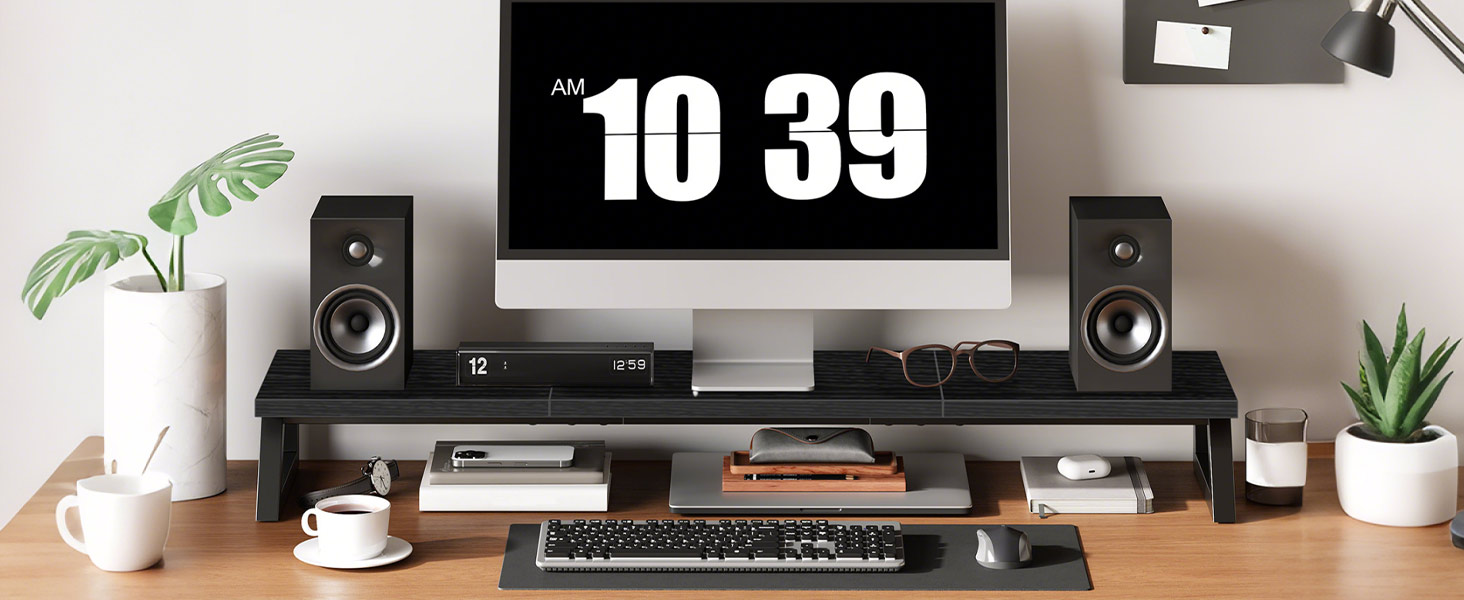 39-Inch Dual Monitor Stand Riser, Heavy-Duty Monitor Elevation Shelf for 2 Monitors (Up to 27 Inches Each), Ergonomic Desk Organizer for Office Workspace, Black