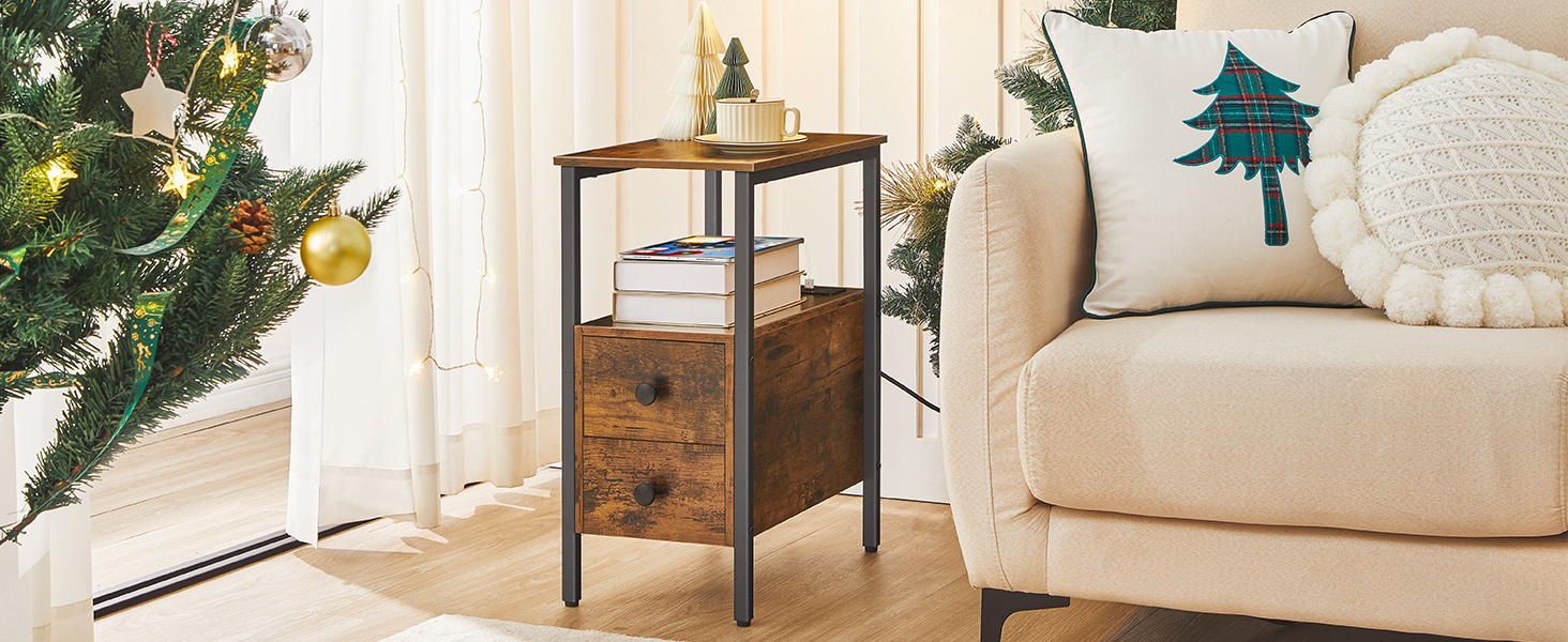 βοηθητικό τραπέζι, Στενό τραπέζι πλευρικού κρεβατιού με σταθμό φόρτισης, θύρες USB & εξόδους, Λεπτό πλαϊνό τραπέζι για μικρούς χώρους, 2 σώβρακο, Βιομηχανική νυχτερινή, ρουστίκ καφέ και μαύρο