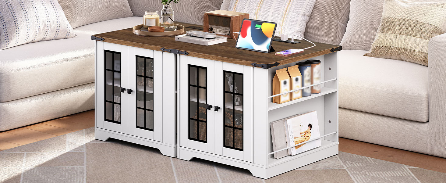 Maalaistalon päätypöytä latausasemalla, Suuri sohva sivupöytä sivuhyllyillä, Neliö yöpöytä lasi -ovella, Suuri yö seisoo olohuoneeseen, Valkoinen ja pähkinä