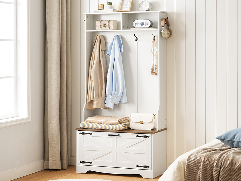Hall Tree with Bench, Entryway Storage Combination with Coat Rack and Shoe Cabinet, Flip Drawers, Farmhouse-Style Entryway Organizer with Shoe Storage, Suitable for Mud Room, White and Walnut