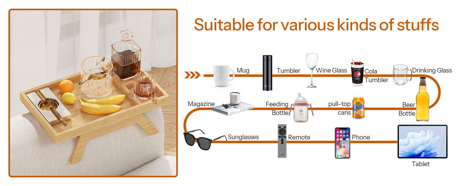 طاولة صينية مسند ذراع لأريكة الخيزران, طاولة جانبية على شكل أريكة بمشبك مع حاملات أكواب مزدوجة, صينية تخزين متعددة الوظائف للمشروبات, الوجبات الخفيفة وأجهزة التحكم عن بعد, لمسة نهائية من الخيزران الطبيعي