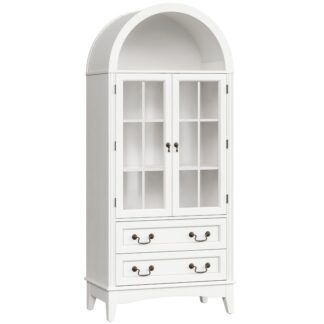 Высокий арочный шкаф, Белый деревянный шкаф с хранением 2 Большие ящики и стеклянные двери, Регулируемые полки, Продовольственная кладовая, Универсальный шкаф для кухни, Столовая