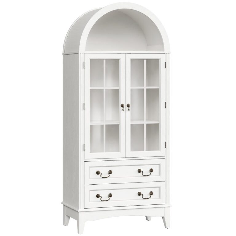 Armário de despensa de cozinha arqueada alta, Armário de armazenamento de madeira branca com 2 Grandes gavetas e portas de vidro, Prateleiras ajustáveis, Despensa de comida, Armário versátil para cozinha, Sala de jantar
