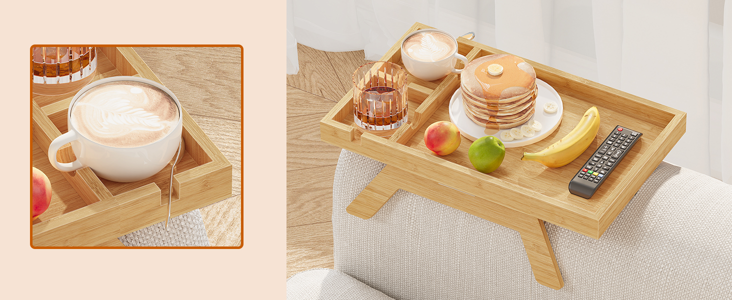 طاولة صينية مسند ذراع لأريكة الخيزران, طاولة جانبية على شكل أريكة بمشبك مع حاملات أكواب مزدوجة, صينية تخزين متعددة الوظائف للمشروبات, الوجبات الخفيفة وأجهزة التحكم عن بعد, لمسة نهائية من الخيزران الطبيعي
