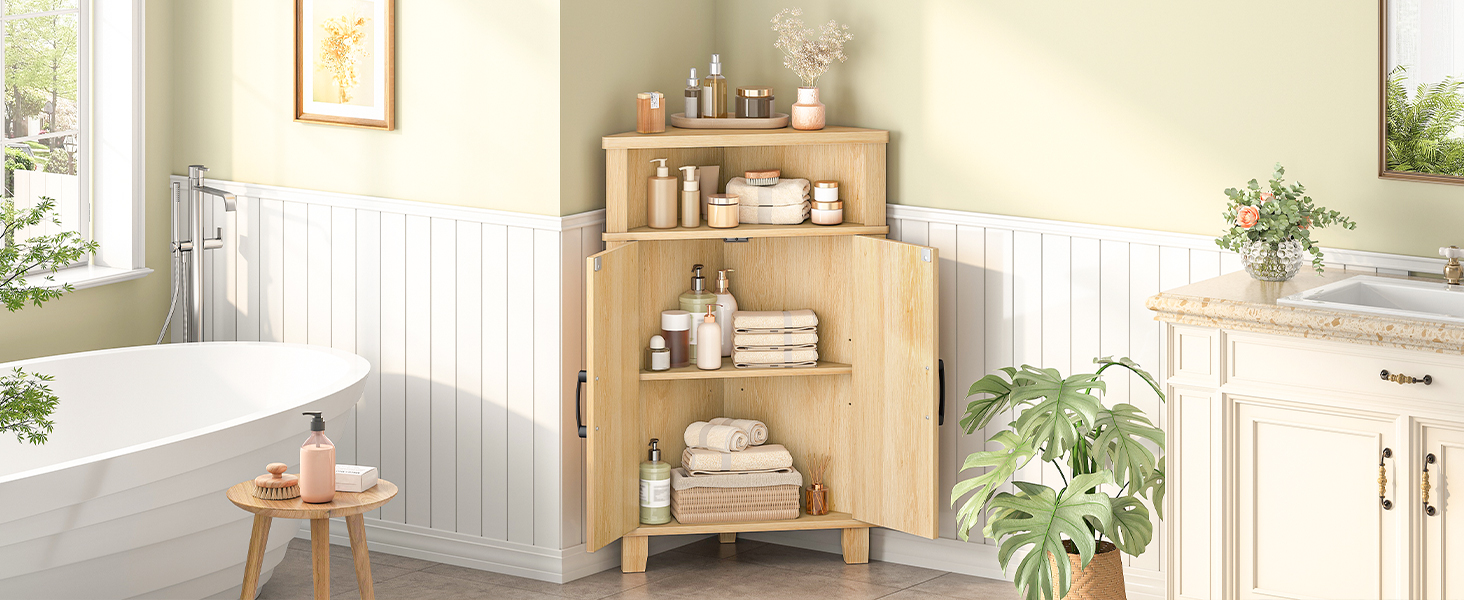 Natural Wooden Fluted Corner Storage Cabinet, Modern Multifunctional Corner Cabinet with Door, Suitable for Bathroom, Kitchen, Entryway and Living Room