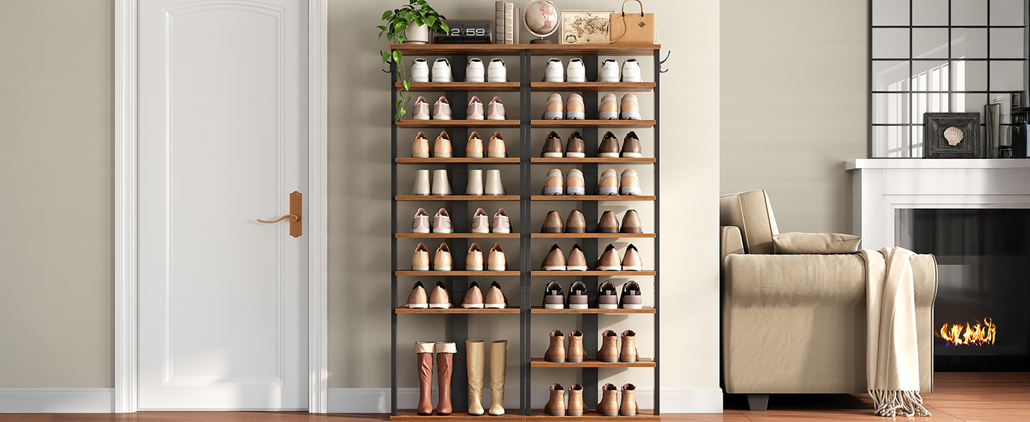 10-Tier Vertical Wooden Shoe Rack with Hooks, Rustic Brown 20-Pair Narrow Storage Tower, Space-Saving Organizer for Entryway, Living Room & Bedroom
