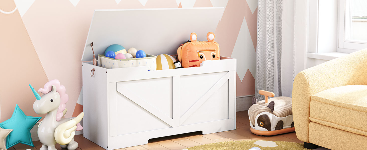 storage chest, retro toy box organizer with u-shaped cut-out pull, storage bench, safety hinge, sturdy toy chest, wooden, supports 220 lb, easy assembly, white