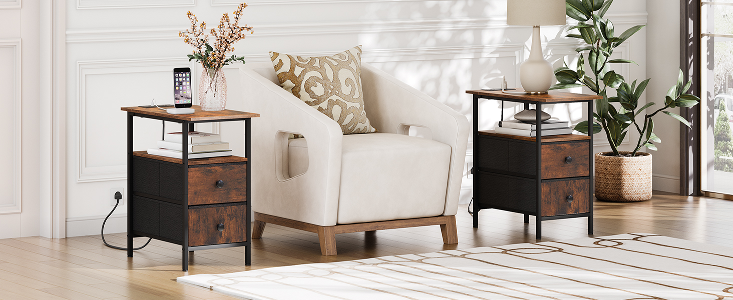 Narrow Bedside Table with Charging Station, Equipped with 2 Non-Woven Drawers, Slim Side Table with USB Ports and Power Outlets, Space-Saving Design for Small Areas, Rustic Brown and Black