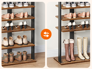 10-Tier Vertical Wooden Shoe Rack with Hooks, Rustic Brown 20-Pair Narrow Storage Tower, Space-Saving Organizer for Entryway, Living Room & Bedroom