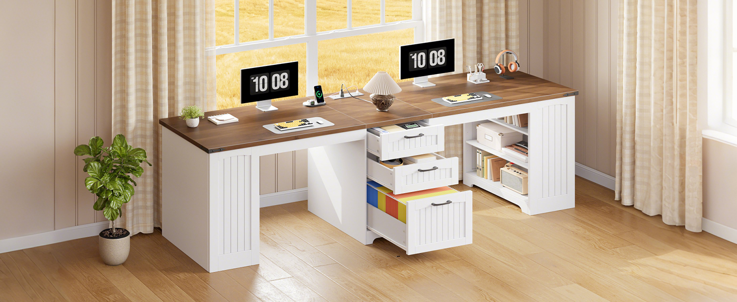 94.5-Inch Double Workstation Desk with Power Module, Farmhouse Style 2-Person Office Desk with Drawers, A4/Letter Size Compatible, Adjustable Shelves, White & Walnut Finish