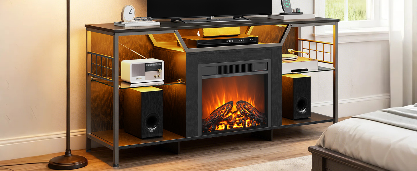 Krbový TV stojan HOOBRO s LED světly, Elektrický TV stolek s krbem s nabíjecí stanicí, Zábavní centrum s krbem, Media TV konzole, pro televizory až 65 Palec, Černý