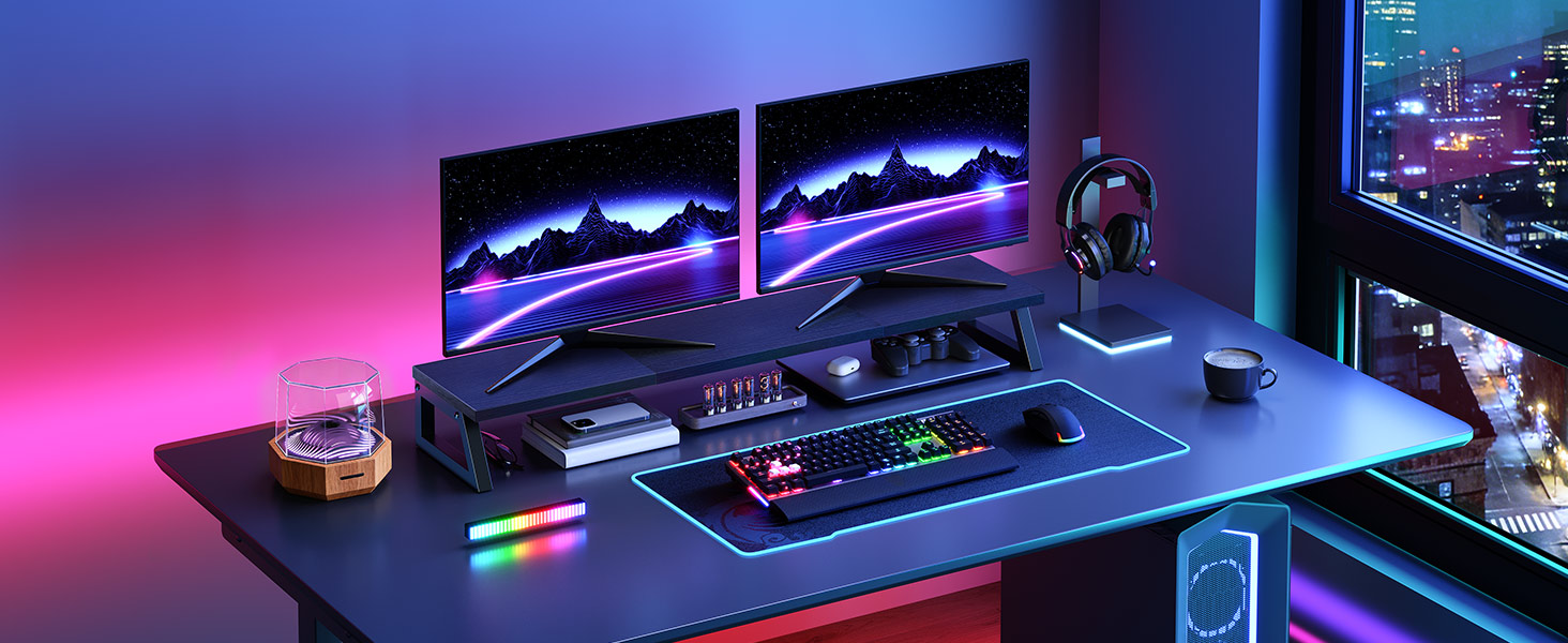 39-Inch Dual Monitor Stand Riser, Heavy-Duty Monitor Elevation Shelf for 2 Monitors (Up to 27 Inches Each), Ergonomic Desk Organizer for Office Workspace, Black