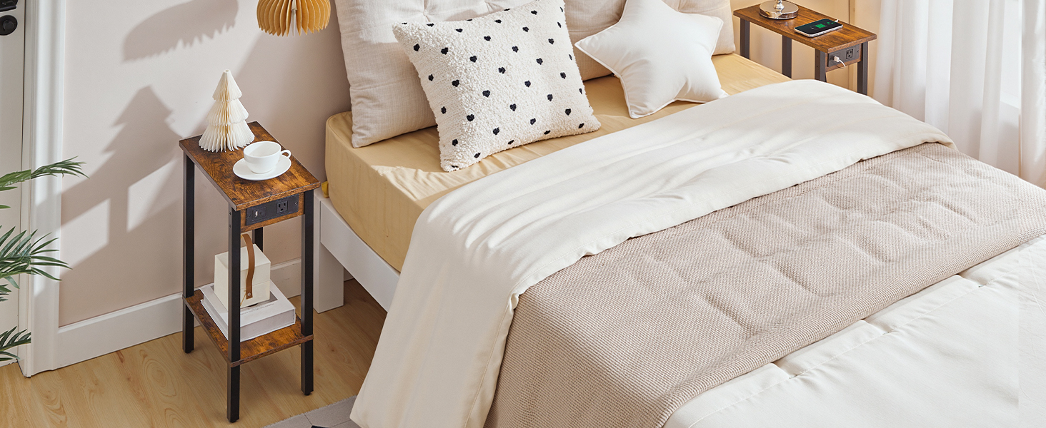 HOOBRO Narrow Side Table, 2-Tier Slim End Table with Charging Station, Skinny Nightstand with Open Storage, for Small Spaces, Living Room, Bedroom, Study, Rustic Brown and Black