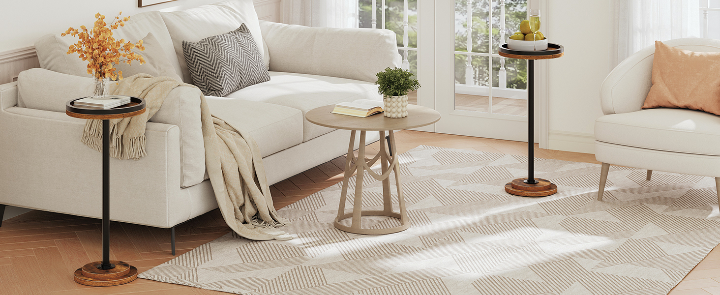 Rustykalny brązowy okrągły stolik boczny, Wielofunkcyjny stolik do napojów do małych przestrzeni, Nadaje się do salonu, Sypialnia i strona sofy