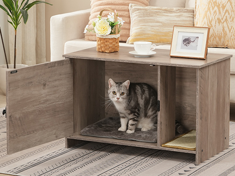 Cat Litter Box Enclosure with Faux Rattan Door, Multi-Functional Cat Furniture with Adhesive Scratching Mat, Pet Litter Cabinet Convertible to Coffee Table, Greige