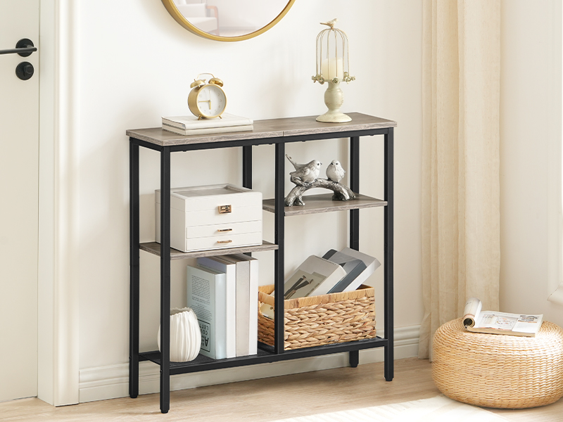 4-Tier Industrial Narrow Console Table with Metal Mesh Shelves: A Multi-Scenario Storage Furniture with Adjustable Feet, Greige and Black Finish