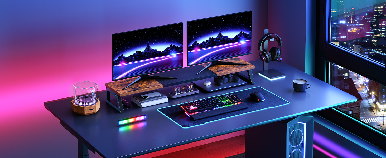 Dual Monitor Stand Riser, 39-Inch Large-Surface Monitor Elevation Shelf for 2 Monitors, Multi-Functional Desk Organizer for Office Workspace & Accessories, Rustic Brown & Black